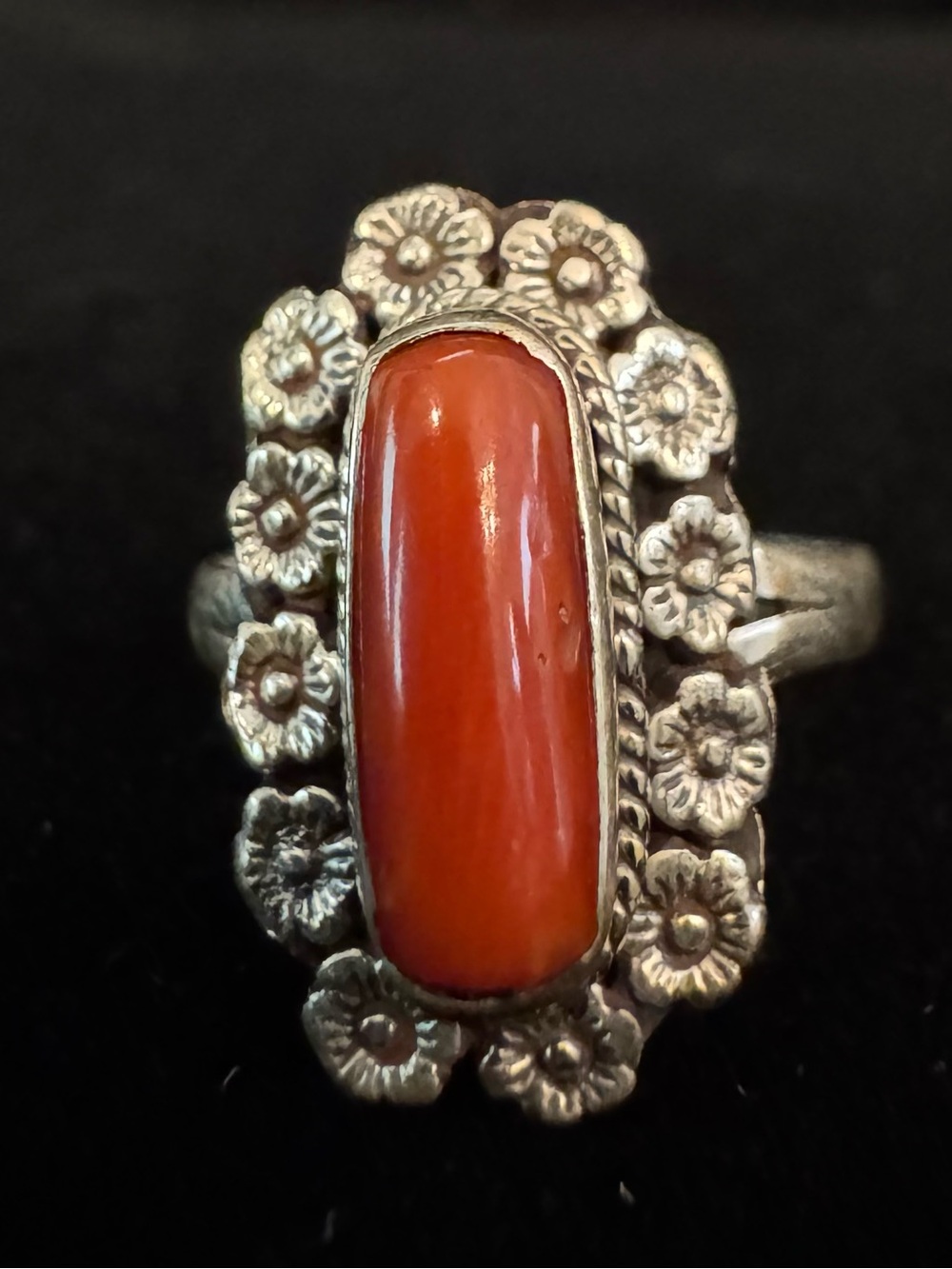 Sterling Floral Red Coral Cabochon Ring